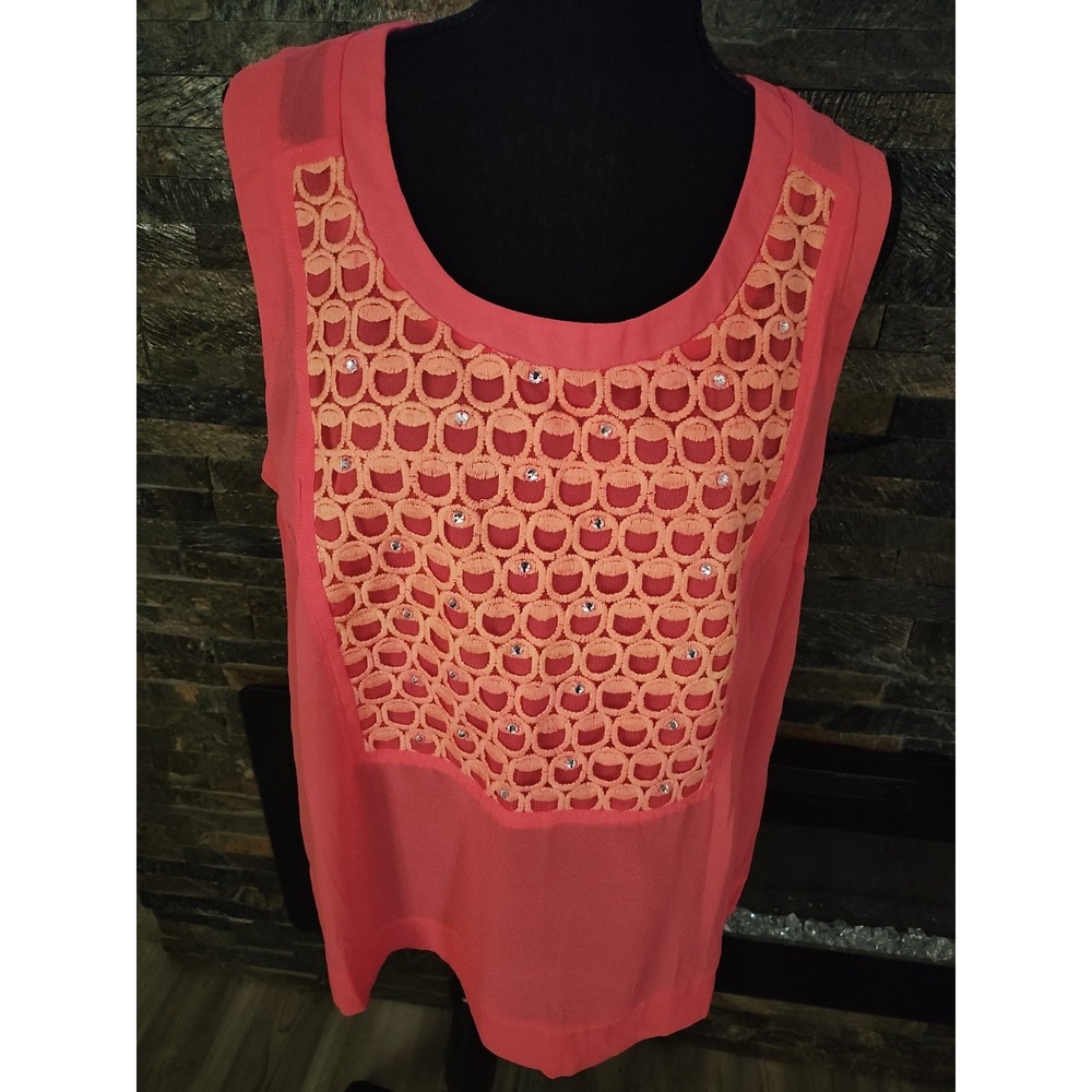 Katia Coral Tank Blouse With Embroidery And Rhinestones Size 2X NEW With Tags